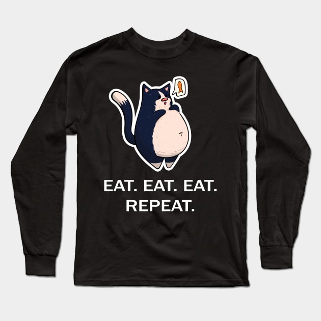 Black and White Fat Cat - Eat Eat Eat Repeat - White Font Long Sleeve T-Shirt by KPrimeArt